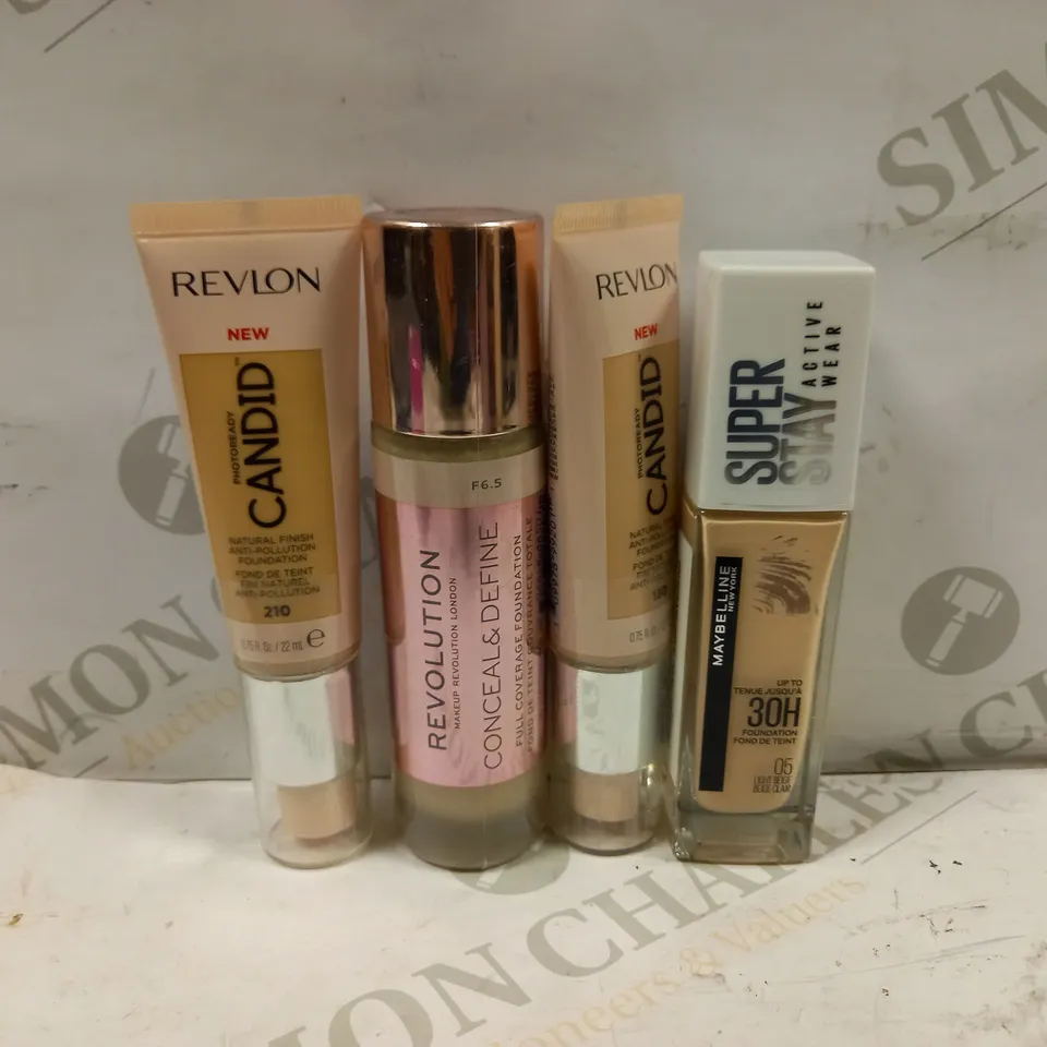 LOT OF 4 FOUNDATIONS OF VARYING STYLES AND BRANDS TO INCLUDE MAEBYELINE SUPER STAY 30H, REVOLUTION CONCEAL & DEFINE, REVLON CANDID 130, REVLON CANDID 210