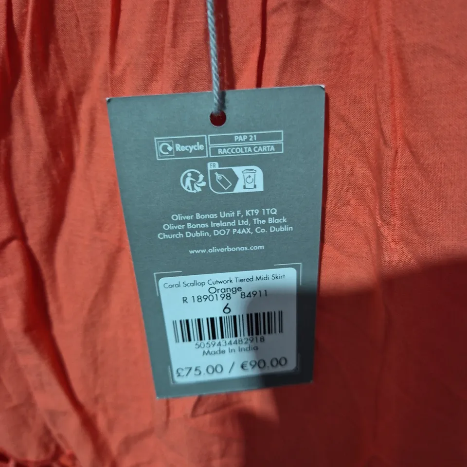 OLIVER BONAS CORAL SCALLOP CUTWORK TIERED MIDI SKIRT – SIZE 6