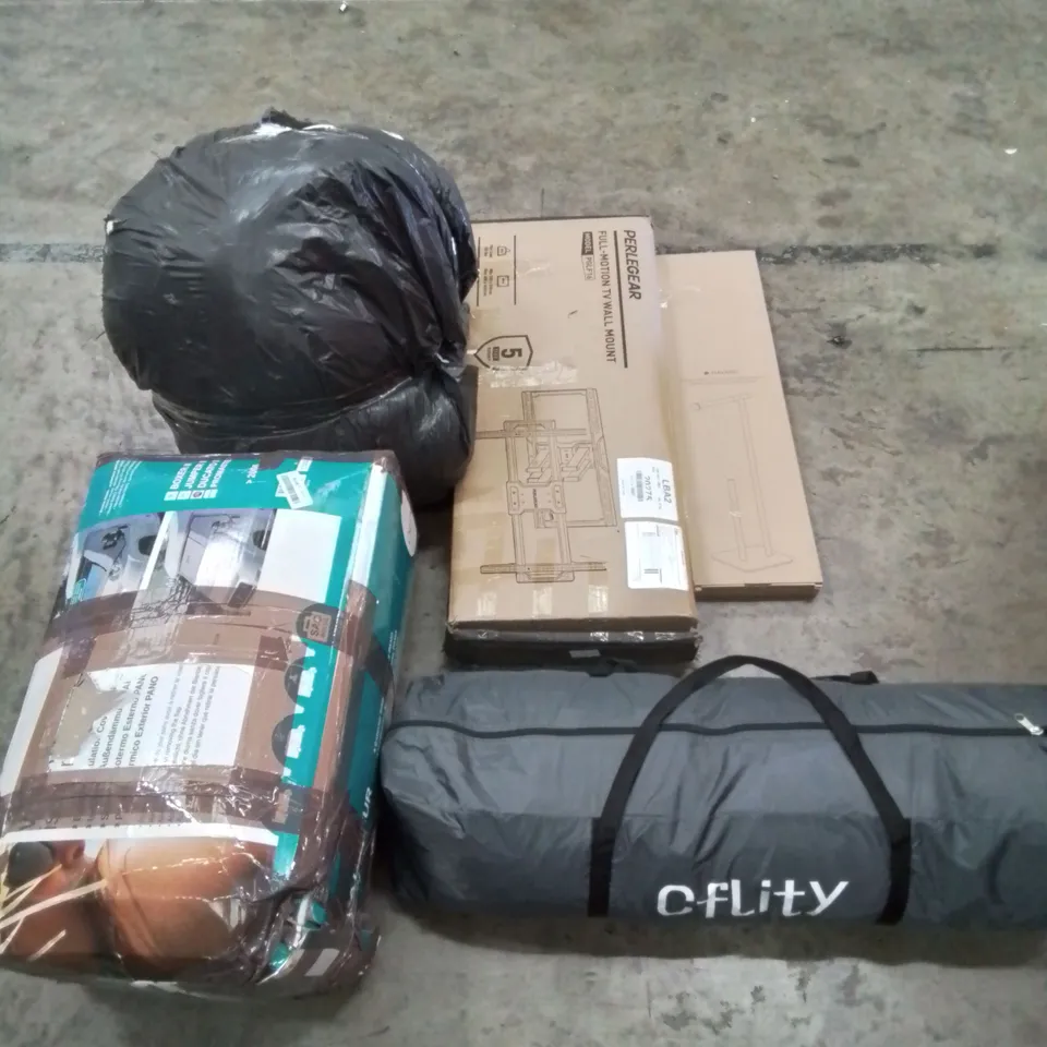 PALLET OF ASSORTED HOUSEHOLD ITEMS TO INCLUDE, TOILET STAND, TV WALL MOUNT, DUVETS, CAMPING TENT AND EXTERIOR INSULATION COVER