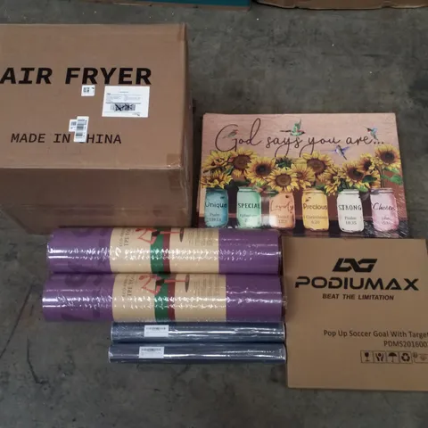 PALLET CONTAINING ASSORTED PRODUCTS INCLUDING AIR FRYER, POP UP SOCCER GOAL WITH TARGET, YOGA MATS & GOD SAYS YOU ARE STRETCHED CANVAS PRINT