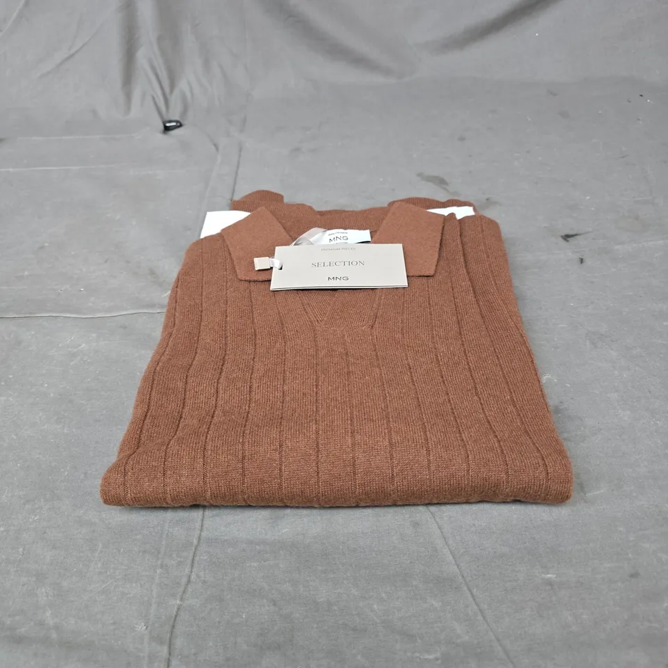 MNG MANGO CASHMERE KNIT POLO SWEATER – BROWN, SIZE S