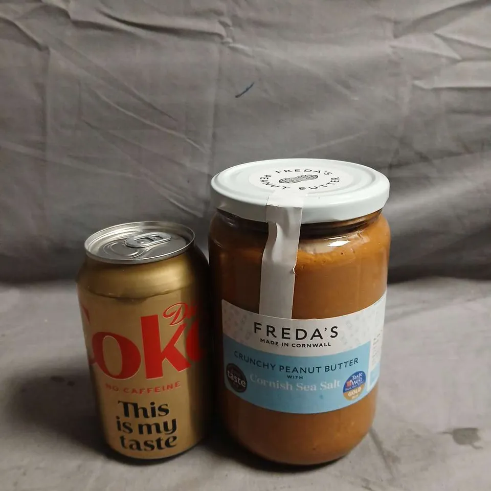 TOTE OF APPROX 2 ASSORTED FOOD AND DRINK ITEMS TO INCLUDE DIET COKE NO CAFFEINE AND PEANUT BUTTER - COLLECTION ONLY