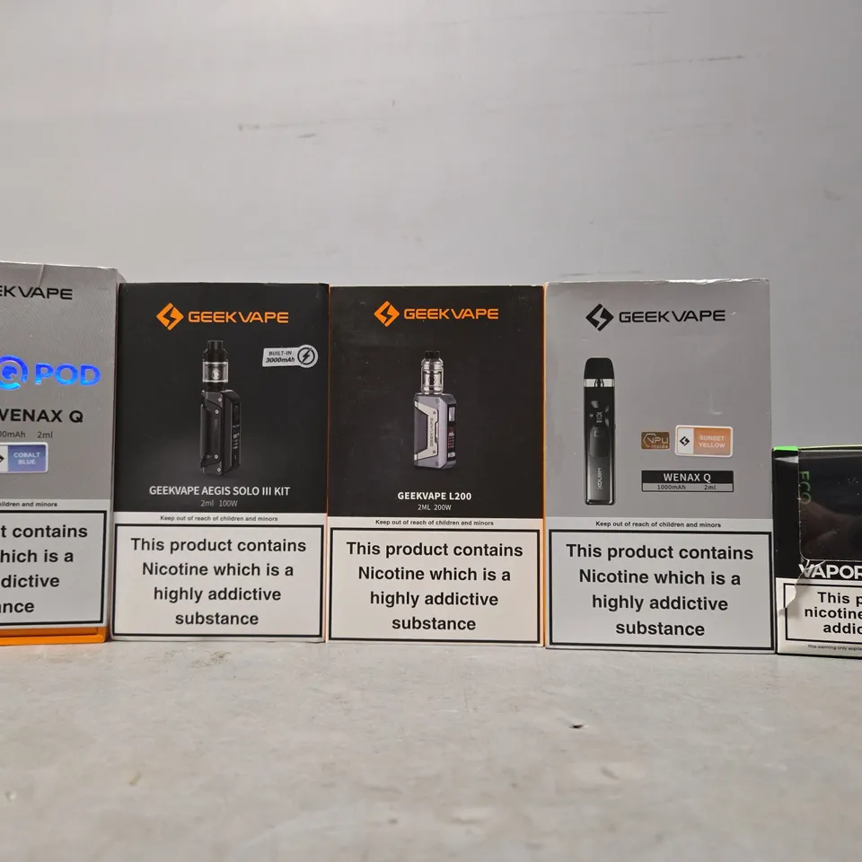 BOX OF APPROXIMATELY 15 ASSORTED E-CIGARETTES TO INCLUDE - GEEK VAPE , VAPORESSO 