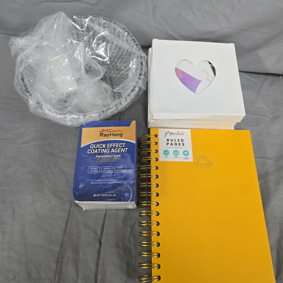BOX OF ASSORTED HOUSE HOLD ITEMS TO INCLUDE - RULED PAGE BOOK - PVA MESH - COMFORT FRESH 