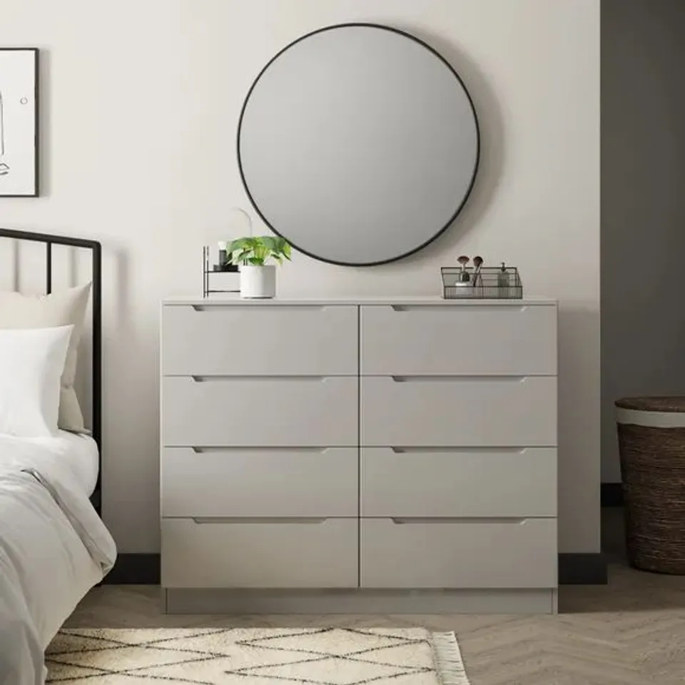 BOXED DUNHELM LARSON 8 DRAWER CHEST IN GREY - H95 X W120 X D41 CM ( 2 BOXES )