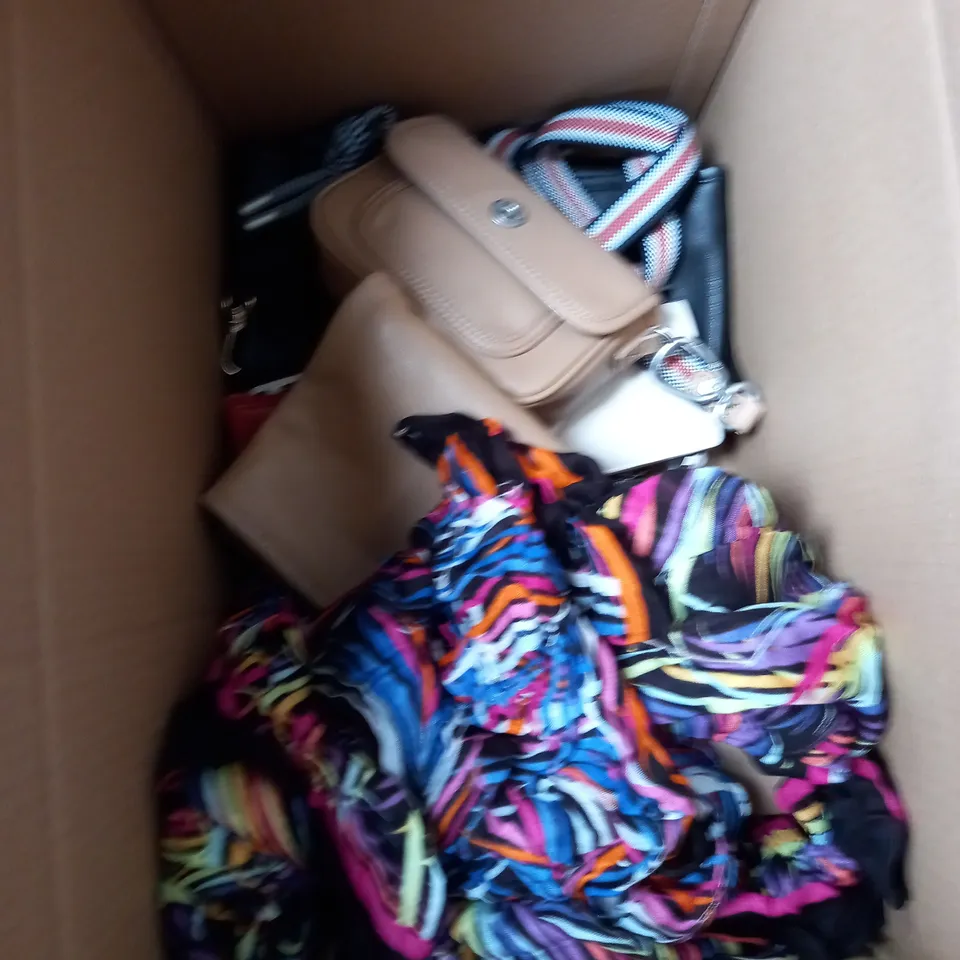 BOX OF APPROXIMATELY 10 ASSORTED WOMENS ACCESSORIES TO INCLUDE HAND BAGS, SMALL BAGS, PURSES ETC