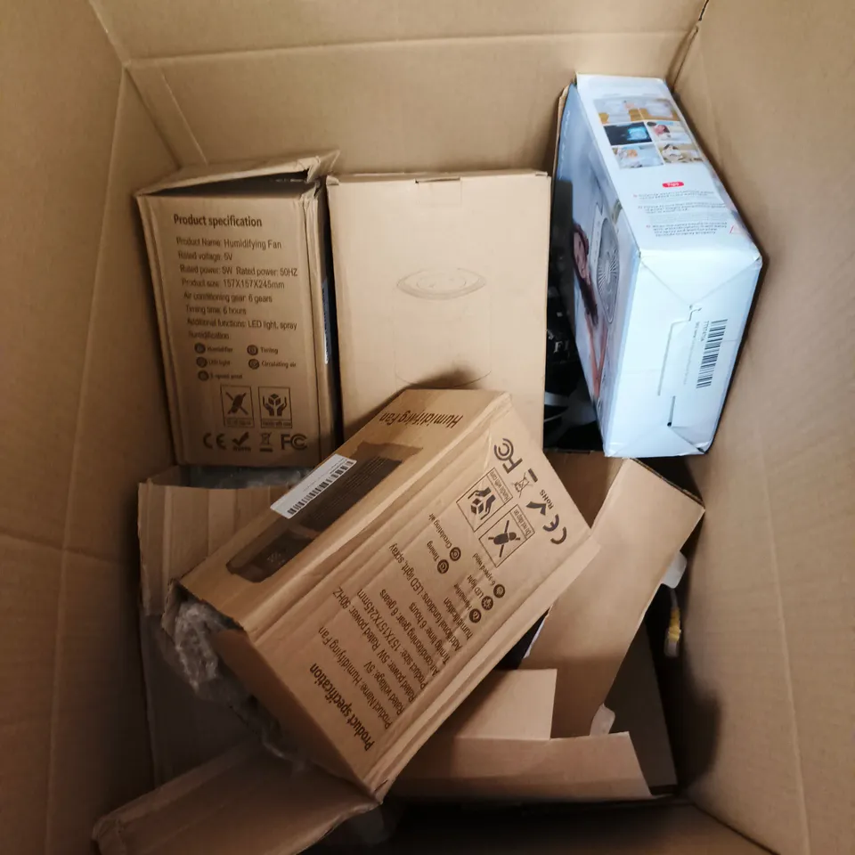 BOX OF APPROXIMATELY 10 ASSORTED ITEMS INCLUDING HUMIDIFYING FAN , AIR COOLER FAN AND HYPEROPTIC ROUTER 