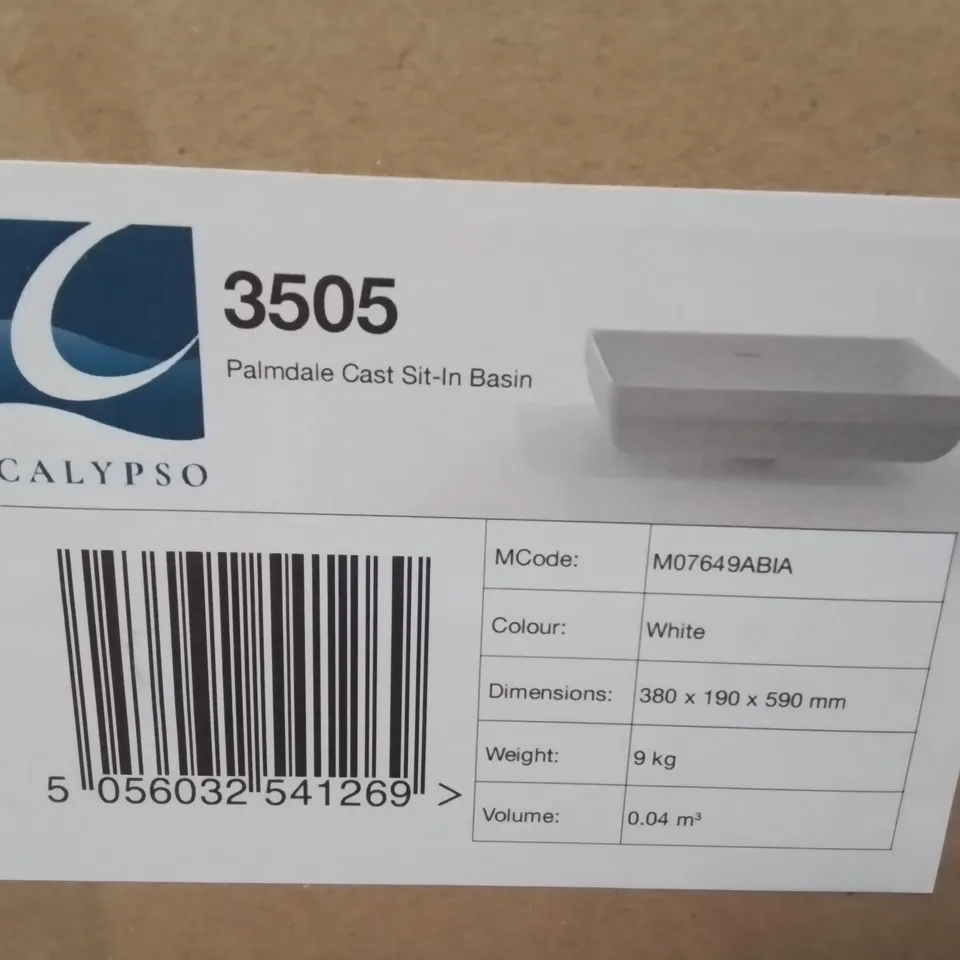 BOXED AS NEW CALYPSO PALMDALE CAST SIT-IN BASIN IN WHITE -  380X190X590MM