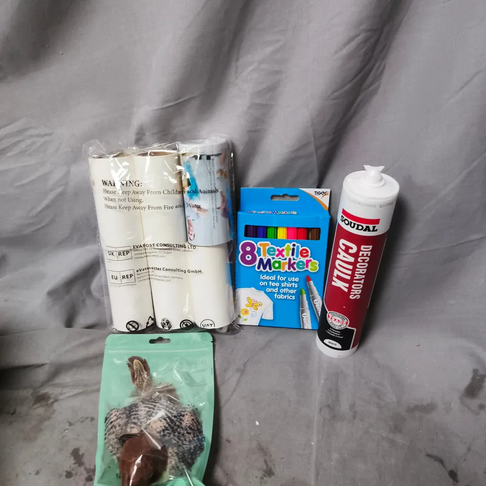 APPROXIMATELY 15 ASSORTED HOUSEHOLD ITEMS TO INCLUDE BIRD CAT TOYS, TEXTILE MARKERS AND DECORATORS CAULK