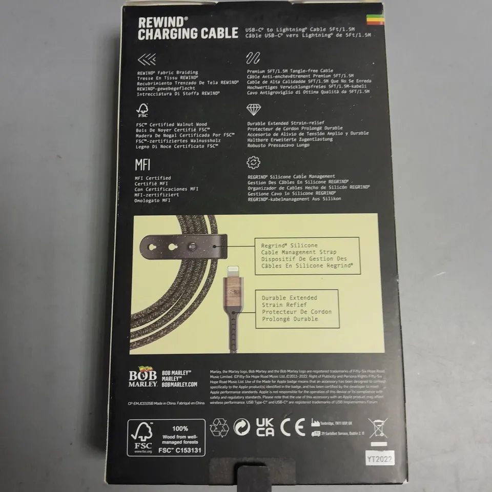 BOXED BOB MARLEY REWIND CHARGING CABLE. USB-C TO LIGHTNING CABLE FOR IPHONE/IPAD