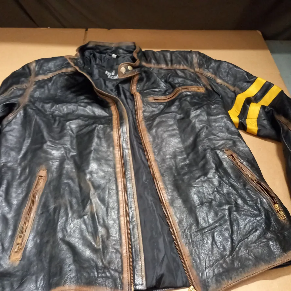 REAL LEATHER ZIP THROUGH JACKET - L