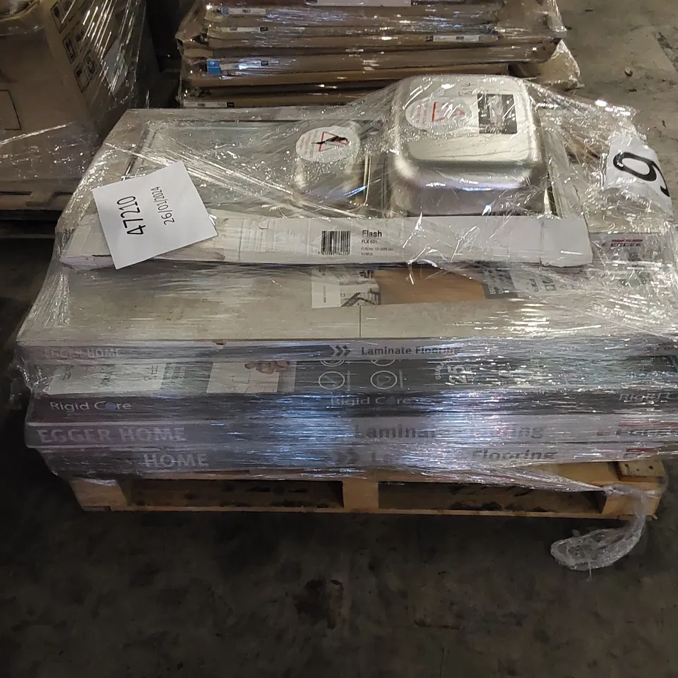 PALLET TO CONTAIN ASSORTED HOUSEHOLD ITEMS. INCLUDES A KITCHEN SINK, MANY PACKS OF LAMINATE FLOORING.