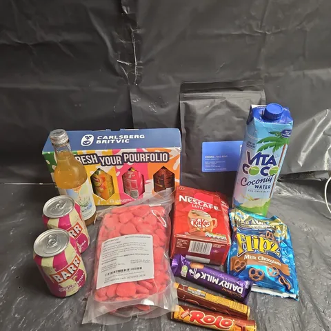 APPROXIMATELY 10 ASSORTED FOOD ITEMS TO INCLUDE - NESCAFE LATTE KITKAT - RINALDO'S ETHIOPIA COFFEE - FIZZY FOAM STRAWBERRY SWEETS - ETC