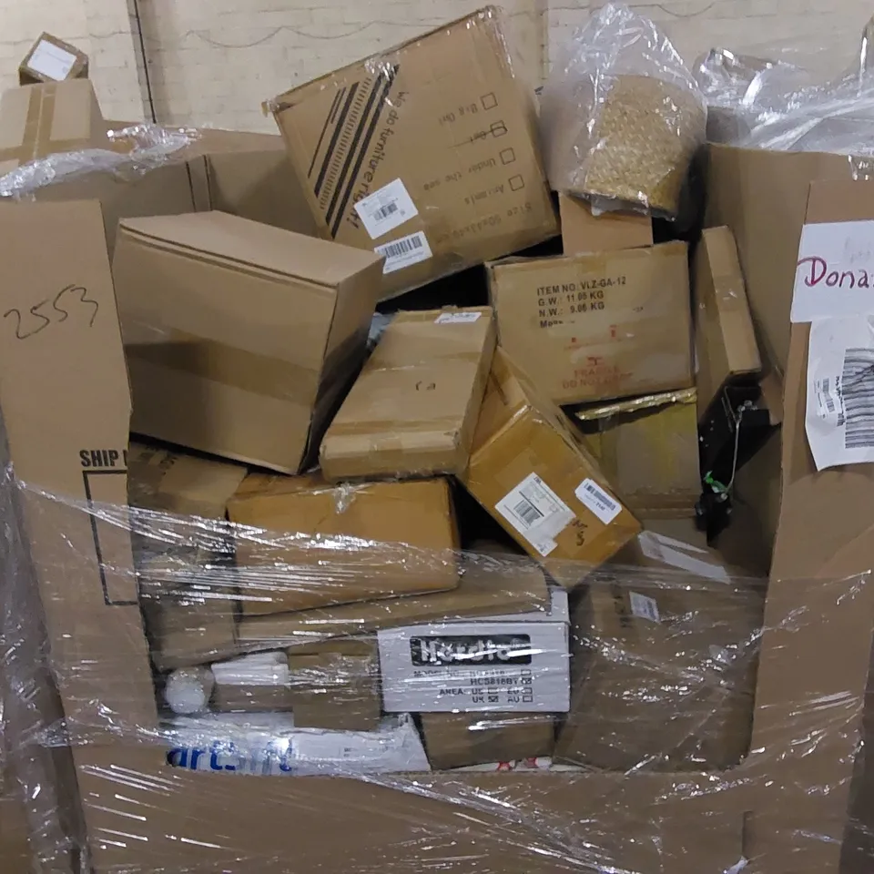 PALLET TO CONTAIN ASSORTED HOUSEHOLD ITEMS AND CONSUMER PRODUCTS. INCLUDING PORTABLE WARDROBE, AIR BED, TOILET SEATS, CARPET PROTECTOR, MULTI-COOKER AIR FRYER ETC