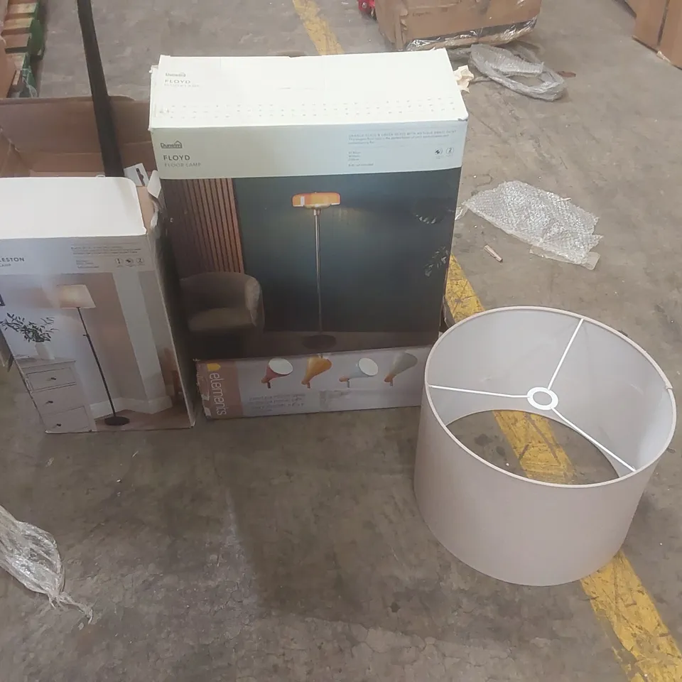 PALLET CONTAINING A VERY LARGE QUANTITY OF ASSORTED DESIGNER LIGHTING PRODUCTS INCLUDING: FLOYD FLOOR LAMP, CHARLESTON FLOOR LAMP, ELEMENTS SPOTLIGHT, LAMP SHADE ECT