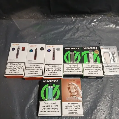 APPROXIMATELY 15 ASSORTED E-CIG PRODUCTS AND ACCESSORIES TO INCLUDE VAPORESSO, GEEKVAPE, ASPIRE ETC