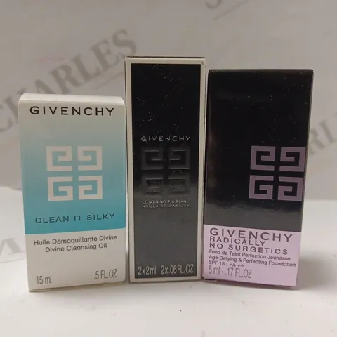 BOX OF APPROX 15 ASSORTED GIVENCHY PRODUCTS TO INCLUDE CLEAN IS SILKY CLEANSING OIL, RADICALLY NO SURGETICS PERFECTING FOUNDATION #2 RADIANT OPAL, LE SOIN NOIR BLANC DAY OIL 