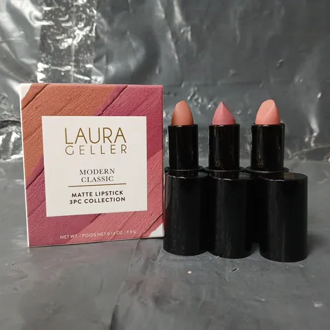 BOXED LAURA GELLER MODERN CLASSIC 3 PIECE MATTE LIPSTICK COLLECTION (NOVEL NEAUTRAL, REAL ROSY, PINK PASSION)