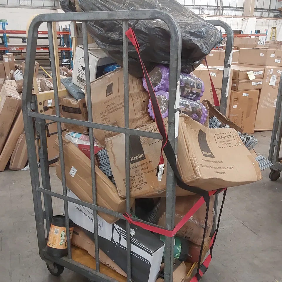 CAGE OF ASSORTED CONSUMER PRODUCTS/FURNITURE PARTS INCLUDING: COAT HANGERS, FOAM ROLLERS, SHOE RACK ECT // CAGE NOT INCLUDED 