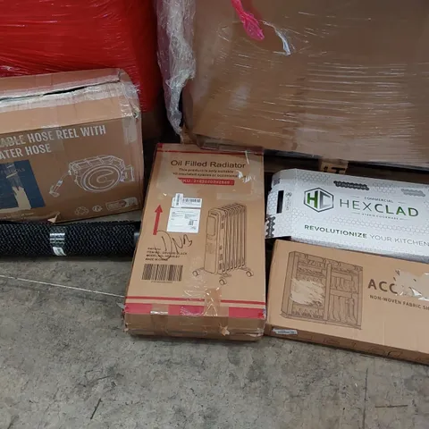 PALLET OF ASSORTED ITEMS INCLUDING: OIL FILLED RADIATOR, RETRACTABLE HOSE PIPE, FABRIC WARDROBE, FLOOR MAT, FRYING PAN