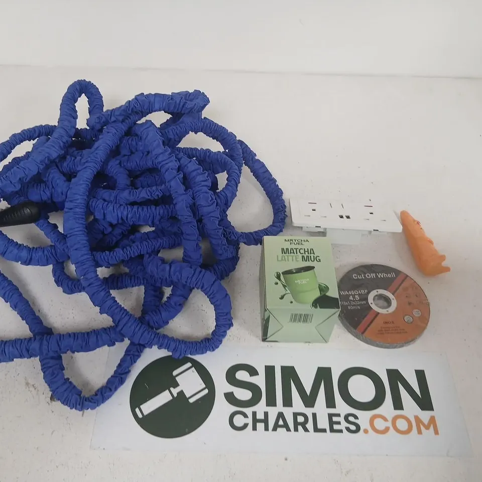MISCELLANEOUS LOT: MATCHA LATTE MUG BOXED SET, CUT-OFF WHEEL, BLUE COILED HOSE AND HARDWARE