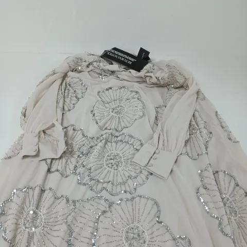 KALEIDOSCOPE EMBELLISHED DRESS – BEIGE WITH SILVER SEQUINS, UK 18