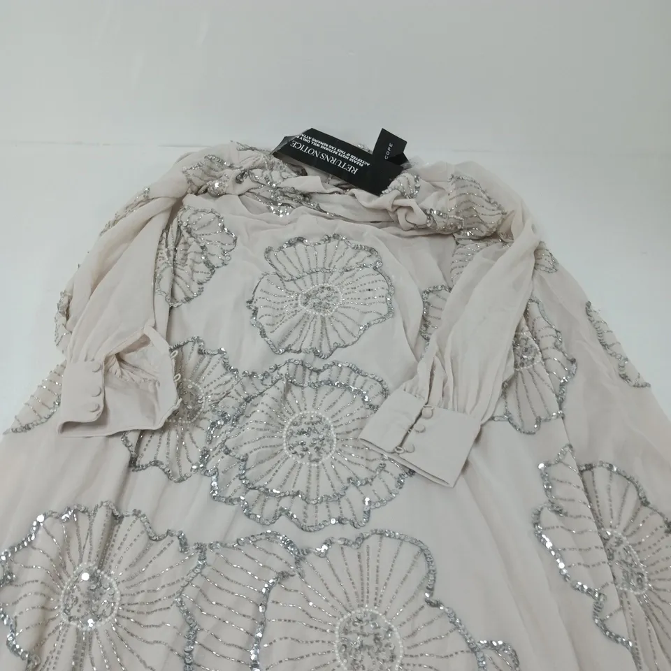 KALEIDOSCOPE EMBELLISHED DRESS – BEIGE WITH SILVER SEQUINS, UK 18
