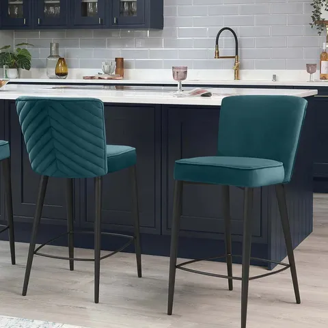BOXED SERENA BLACK METAL BAR STOOL - DARK TEAL PLUSH VELVET 