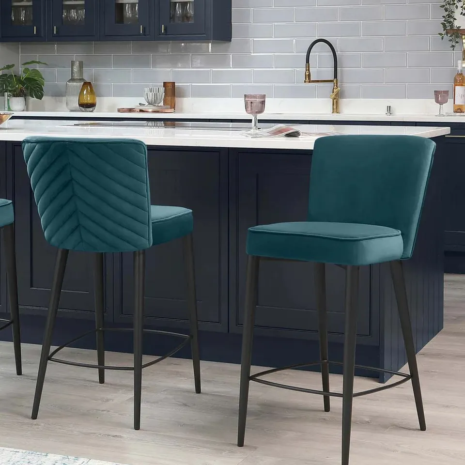BOXED SERENA BLACK METAL BAR STOOL - DARK TEAL PLUSH VELVET 