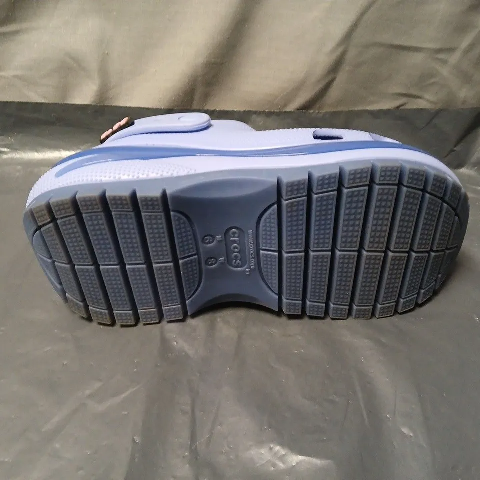 CROCS KIDS' LIGHT BLUE CLOGS WITH STICKERS, UNBOXED. UK SIZE M6 W8