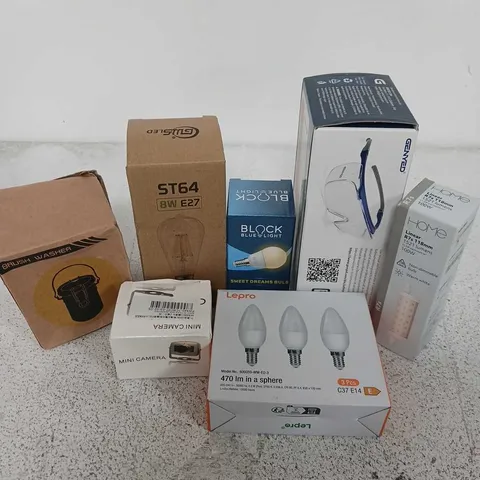 APPROXIMATELY 15 ASSORTED HOUSEHOLD ITEMS TO INCLUDE SAFETY GLASSES, BRUSH WASHER, BULBS, ETC
