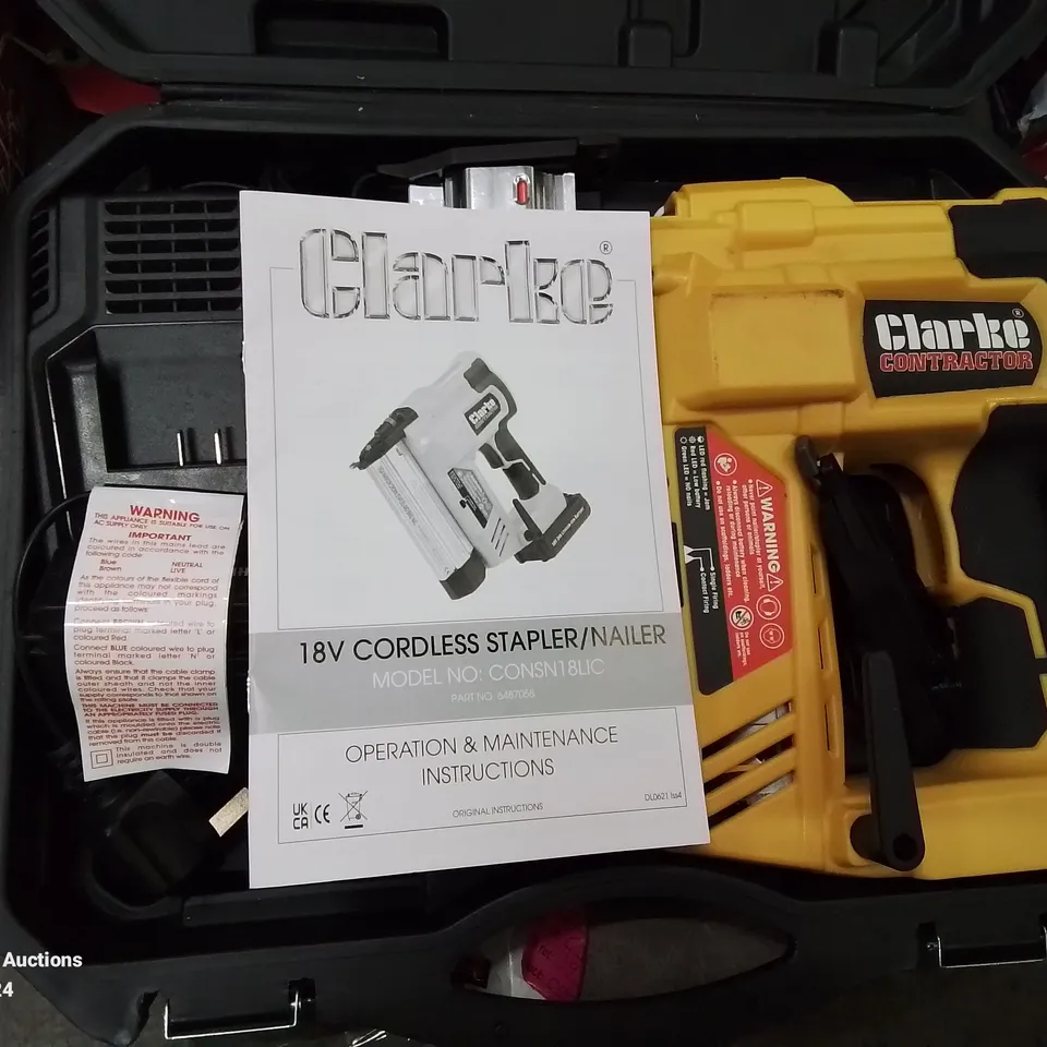 BOXED CLARKE 18V CORDLESS NAILER/STAPLER WITH BATTERY AND CHARGER