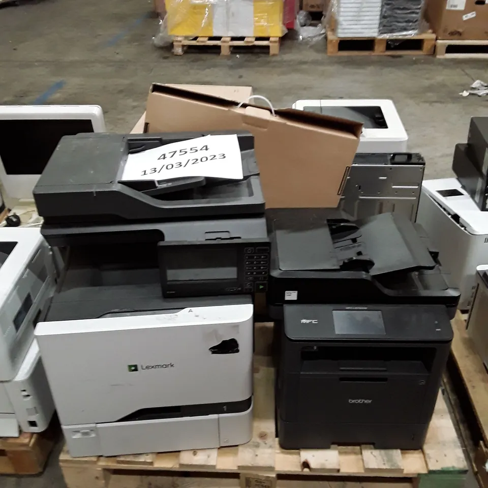 PALLET OF ASSORTED OFFICE EQUIPMENT INCLUDING PRINTERS, DESKTOP & ROUTERS