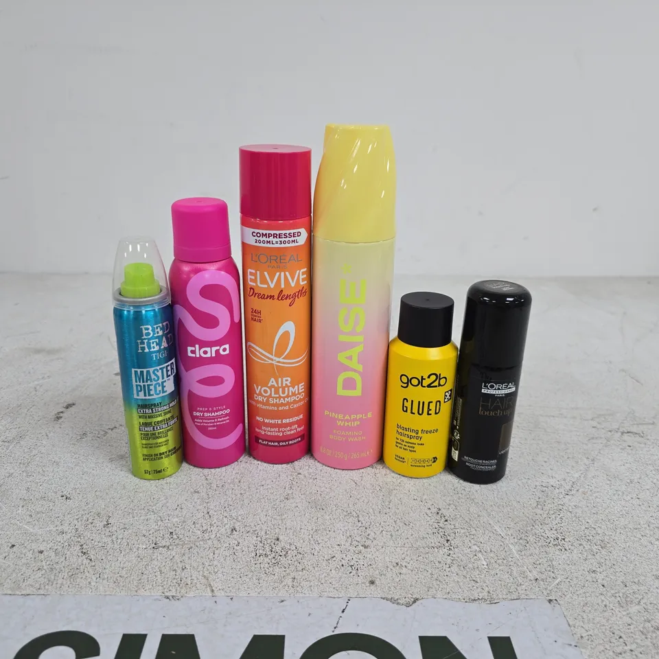TOTE OF APPROXIMATELY 18 ASSORTED AEROSOL PRODUCTS TO INCLUDE DAISE, GOT2B, LOREAL, CLARA, BED HEAD ETC