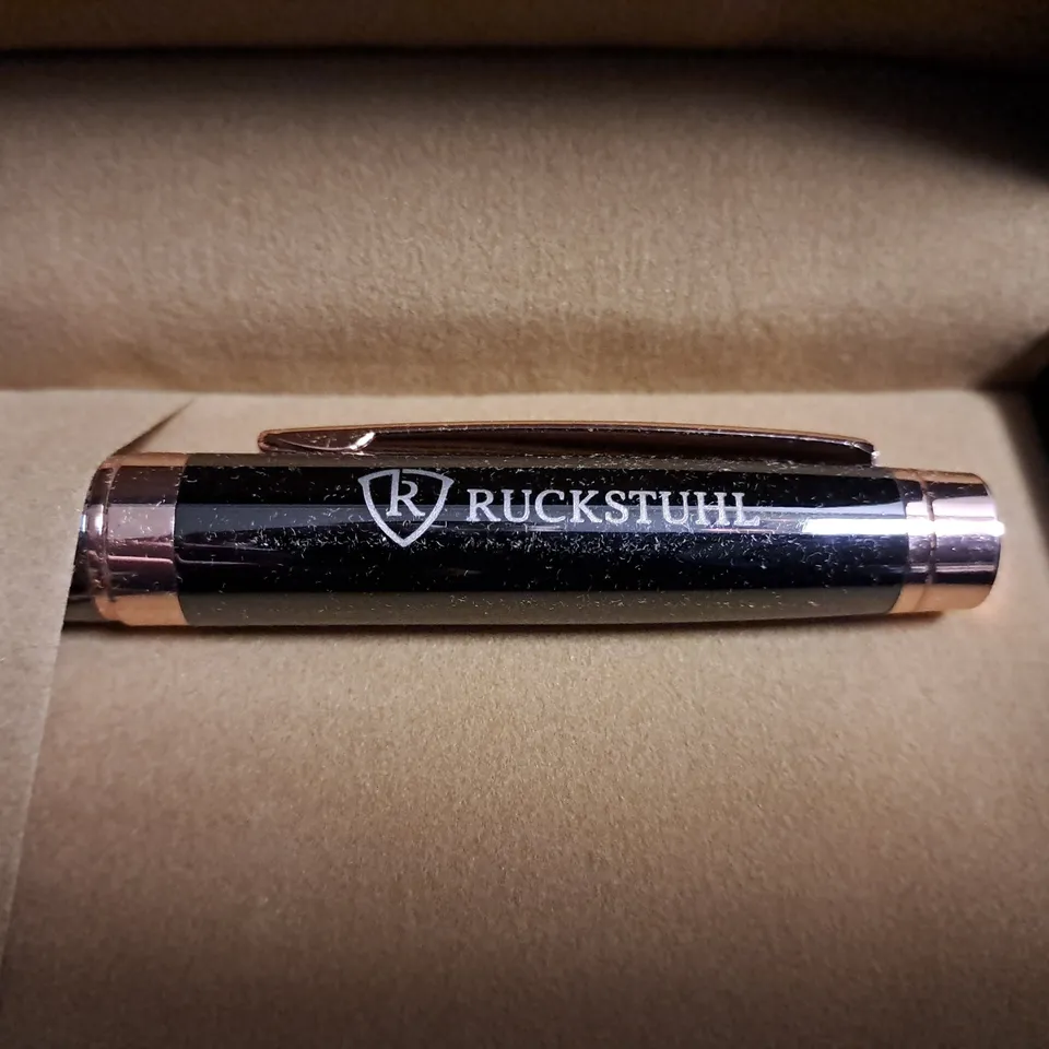 RUCKSTUHL STAINLESS STEEL LUXURY PEN IN GIFT BOX – BLACK & ROSE GOLD COLOUR CASE