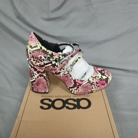 BOXED ASOS SNAKE PRINT POP UP HEELS - UK 7