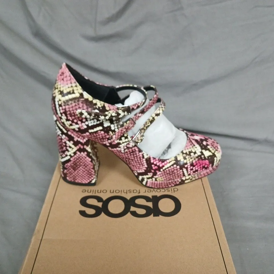 BOXED ASOS SNAKE PRINT POP UP HEELS - UK 7