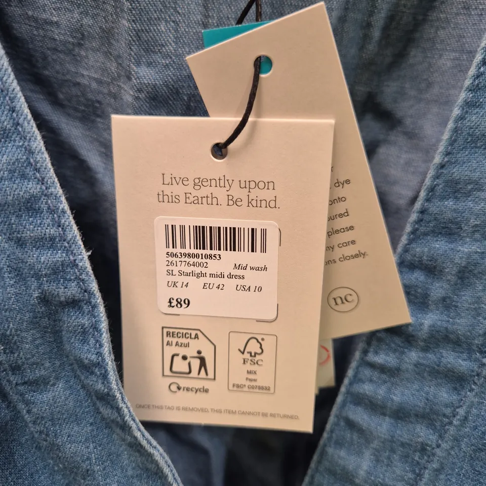 NOBODY’S CHILD MID-WASH DENIM STARLIGHT MIDI DRESS, UK 14 (EU 42 / USA 10) – SLEEVELESS, BUTTON-FRONT