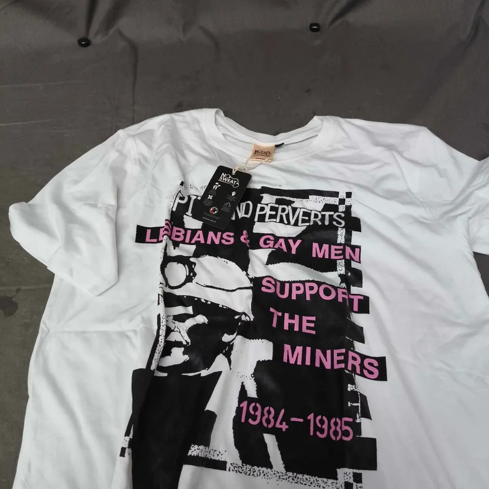 NO SWEAT T-SHIRT WITH 'LESBIANS & GAY MEN SUPPORT THE MINERS' PRINT, 1984–1985 (L)