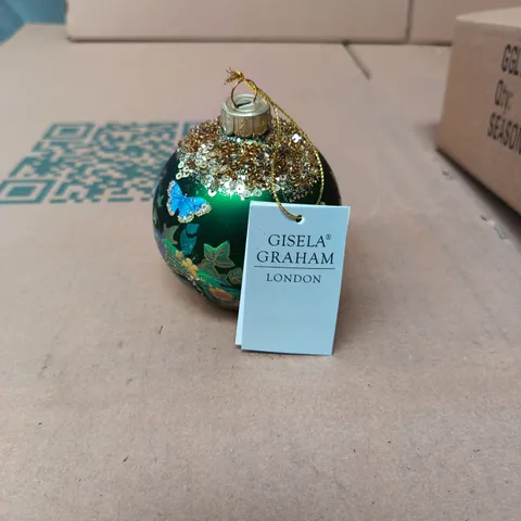 GISELA GRAHAM LONDON GLASS CHRISTMAS ORNAMENT – GREEN WITH GOLD GLITTER BUTTERFLY MOTIF - BOX OF 12