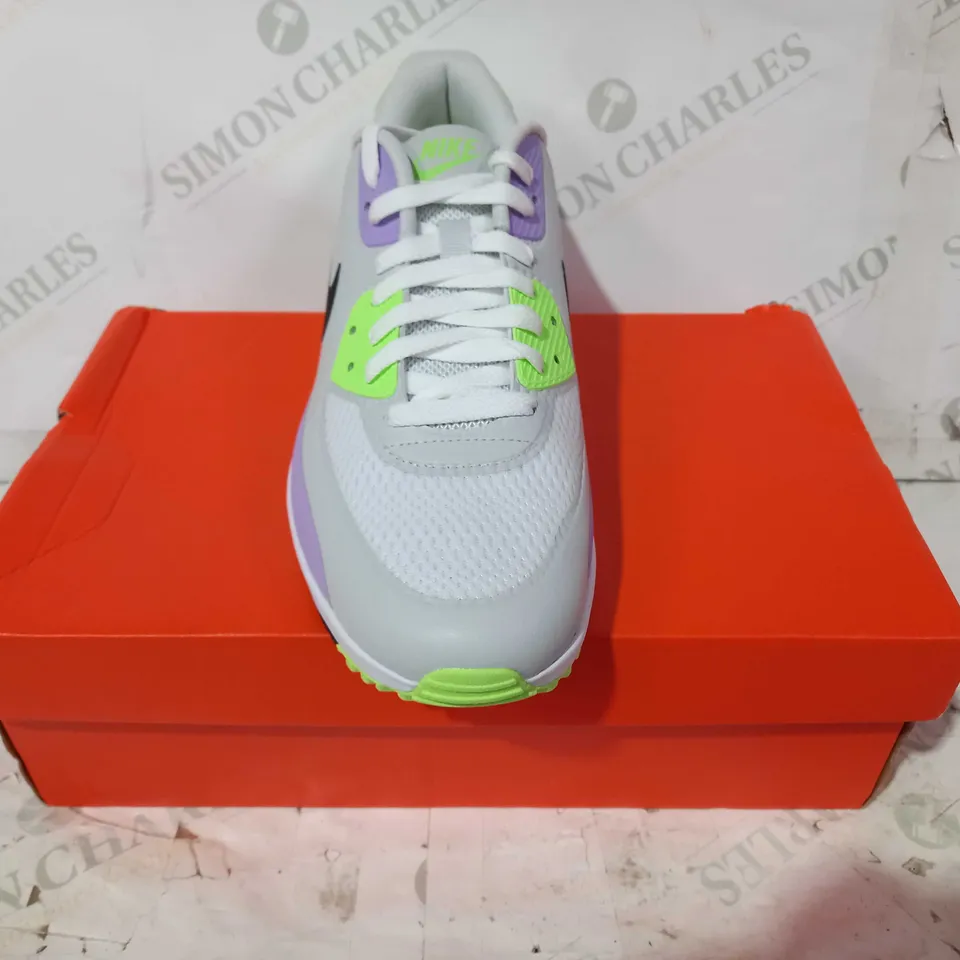 BOXED PAIR OF NIKE AIR MAX 90 G TRAINERS IN GREY/LILAC/LIME UK SIZE 9
