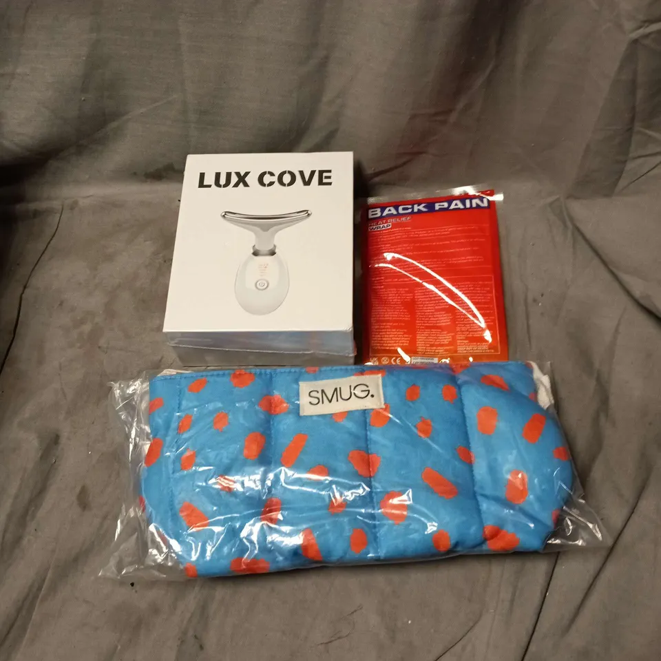 APPROXIMATELY 15 COSMETIC ITEMS TO INCLUDE BACK PAIN RELIEF WRAP, SMUG COSMETICS BAG, LUX COVE ETC