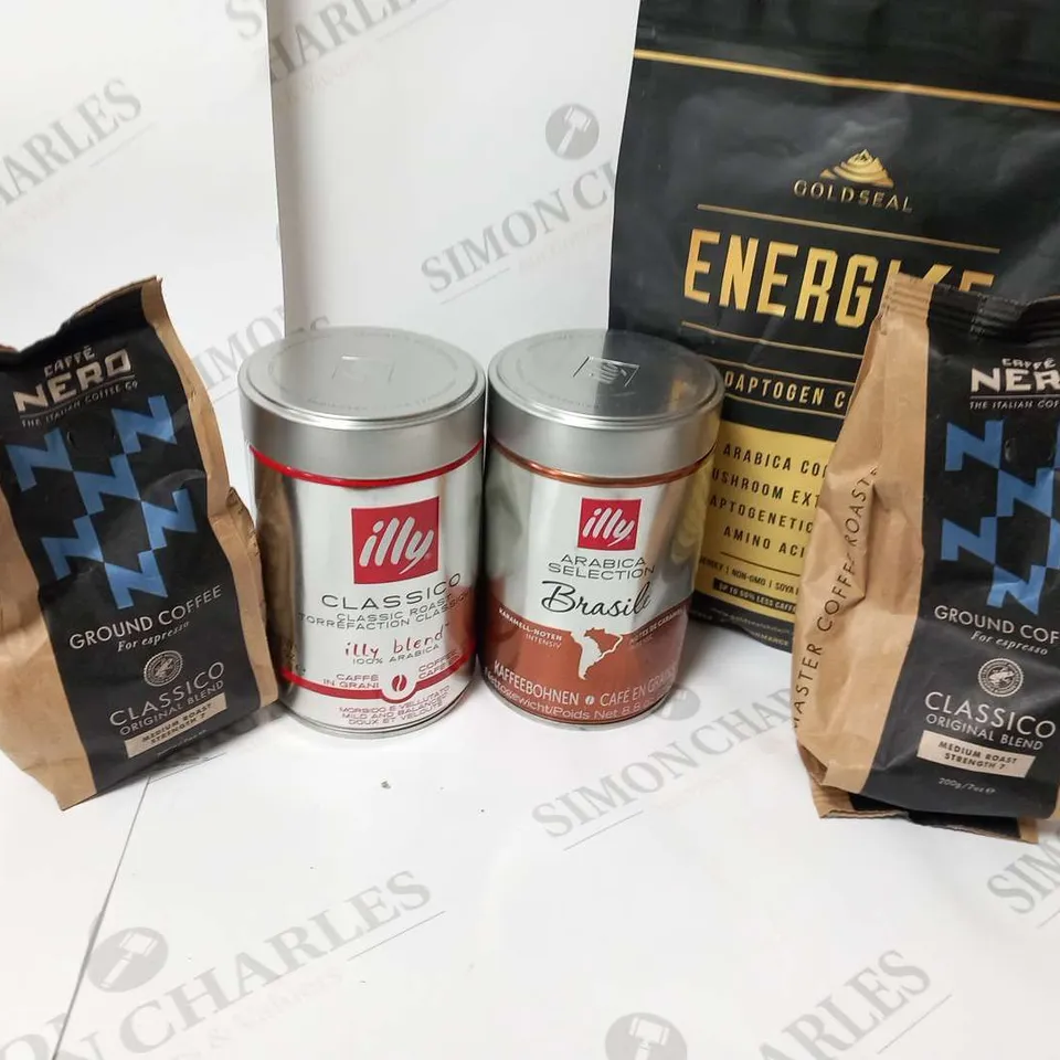 SEVEN ASSORTED COFFEE BASED PRODUCTS TO INCLUDE; GOLDSEAL ENERGISE ADAPTOGEN COFFEE, NERO GROUND COFFEE AND ILLY