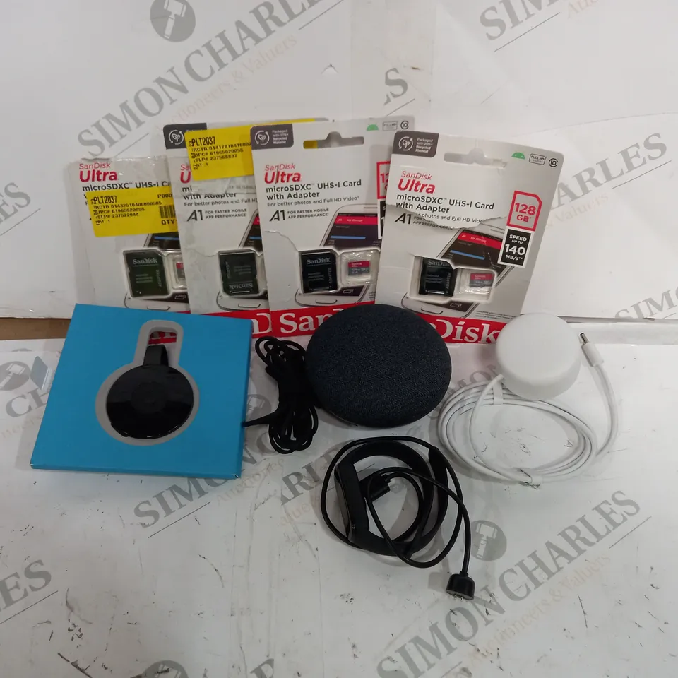 ASSORTMENT OF ITEMS INCLUDING FOUR 128GB MEMORY CARDS, AMAZFIT SMARTWATCH AND GOOGLE SPEAKER WITH PLUG