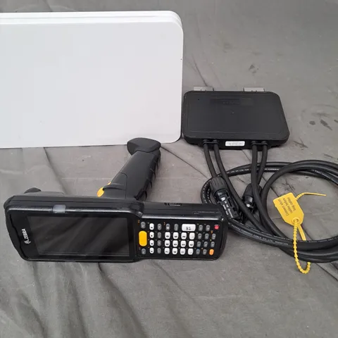 APPROXIMATELY 15 ASSORTED ELECTRICAL ITEMS TO INCLUDE A SKY HUB, ZEBRA SCANNER AND POWER CABLES
