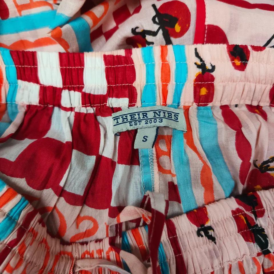 WOMEN'S PRINTED SHIRT – PINK WITH CHERRY MOTIF AND RED/BLUE STRIPES SMALL