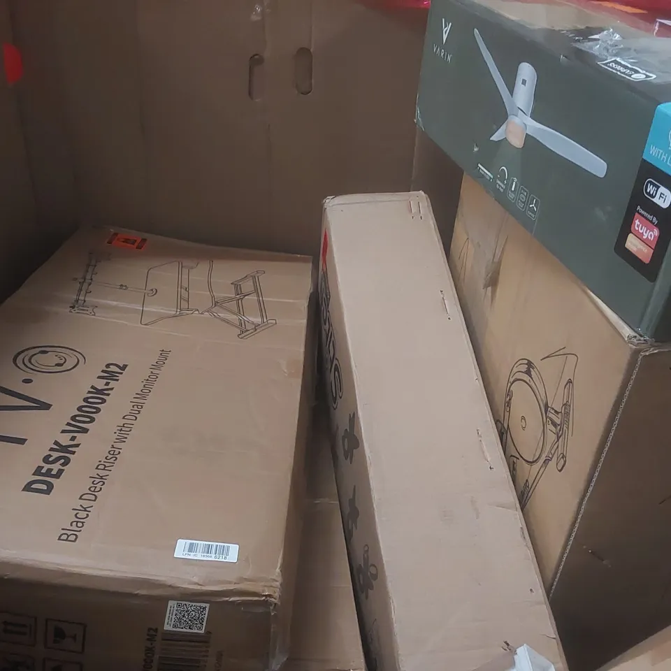 PALLET CONTAINING A LARGE QUANTITY OF ASSORTED ITEMS INCLUDING: STITCH KIDS BIKE, DESK RISER, VIAVITO EXERCISE MACHINE, CEILING FAN WITH LIGHT ECT