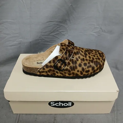 BOXED PAIR OF SCHOLL COW PRINT SLIPPERS - 6