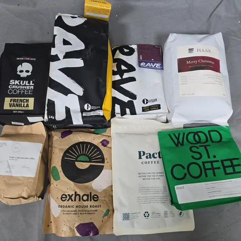 LOT OF 8 ASSORTED PACKS OF COFFEE TO INCLUDE SKULL CRUSHER, RAVE AND PACT