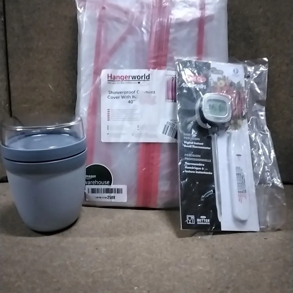 LOT OF VARIOUS ASSORTED HOUSEHOLD ITEMS TO INCLUDE: SHOWERPROOF GARMENT COVER, MEPAL FLASK, OXO DIGITAL THERMOMETER ETC